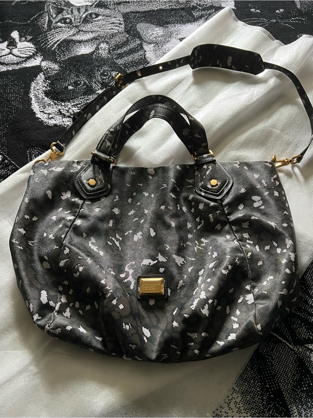 Marc by Marc Jacobs Black , Brown and White Marble-Print Shoulder Bag